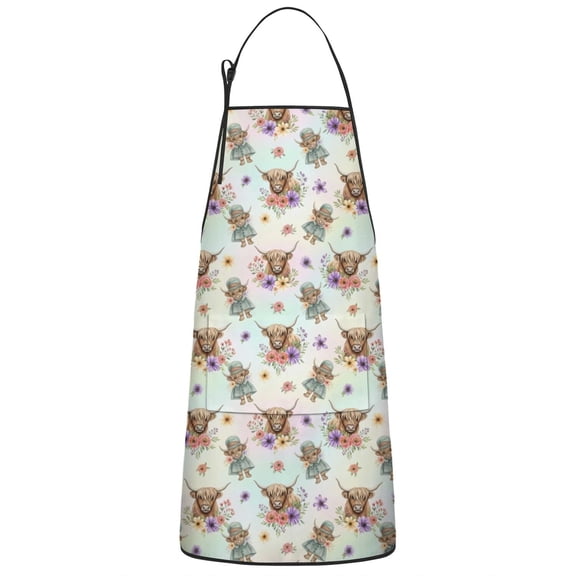 White Highland Cow Flower Dress Pattern Apron-Garden Aprons for Women with Pockets-Cotton Linen Waterproof Kitchen Cooking Gardening Aprons Adjustable for Kitchen,Cooking,BBQ and Salon 33x27 Inch