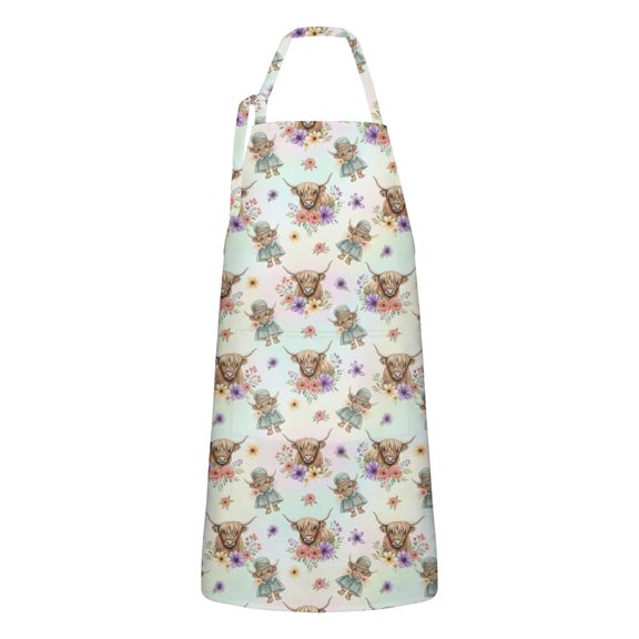White Highland Cow Flower Dress Pattern Apron-Garden Aprons for Women with Pockets-Cotton Linen Waterproof Kitchen Cooking Gardening Aprons Adjustable for Kitchen,Cooking,BBQ and Salon 33x27 Inch