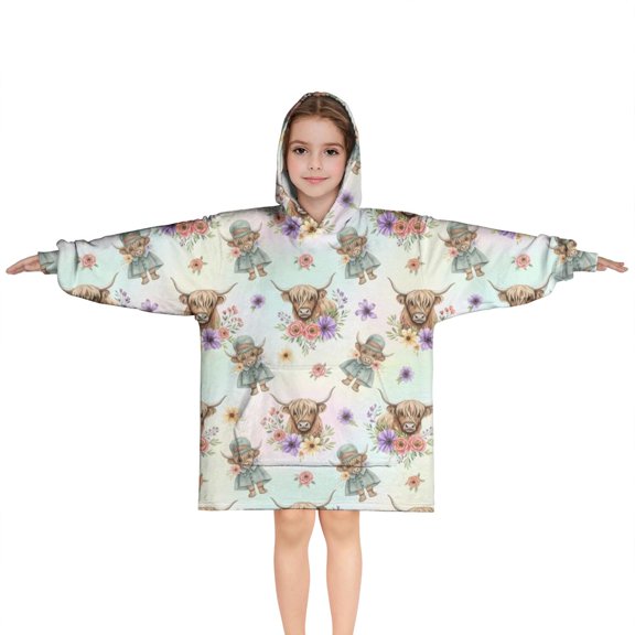 White Highland Cow Flower Dress Pattern Blanket Hoodies for Kids 6-13YR Oversize Wearable Blanket Hoodies for Boys Girls Teens