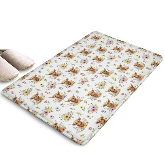White Highland Cow Flower Flannel Non Slip Door Rugs,Washable Door Mats Indoor,Decorative Door Mats,Dirt-Resistant and Absorbent Doormat for Entrance,Bedroom,Kitchen,Bathroom,23.5"x16"