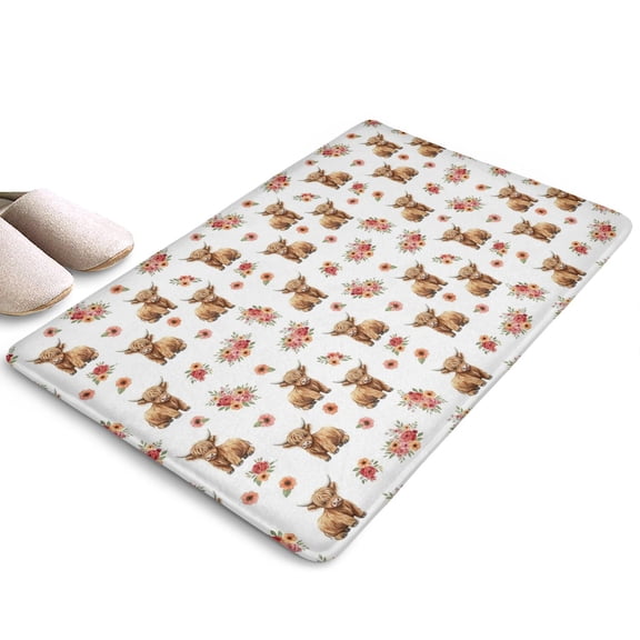 White Highland Cow Flower Flannel Non Slip Door Rugs,Washable Door Mats Indoor,Decorative Door Mats,Dirt-Resistant and Absorbent Doormat for Entrance,Bedroom,Kitchen,Bathroom,23.5"x16"