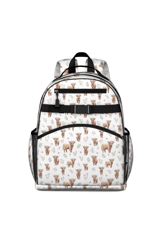 White Highland Cow Flower Leaf Pattern Backpack for School,Cute School Bag,Schoolbag with Adjustable Shoulder Straps & Padded Back,15.25"x11.5"x5.25"