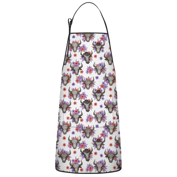 White Highland Cow Flower Pattern Apron-Garden Aprons for Women with Pockets-Cotton Linen Waterproof Kitchen Cooking Gardening Aprons Adjustable for Kitchen,Cooking,BBQ and Salon 33x27 Inch