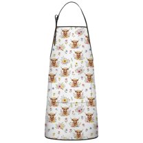 White Highland Cow Flower Pattern Apron-Garden Aprons for Women with Pockets-Cotton Linen Waterproof Kitchen Cooking Gardening Aprons Adjustable for Kitchen,Cooking,BBQ and Salon 33x27 Inch