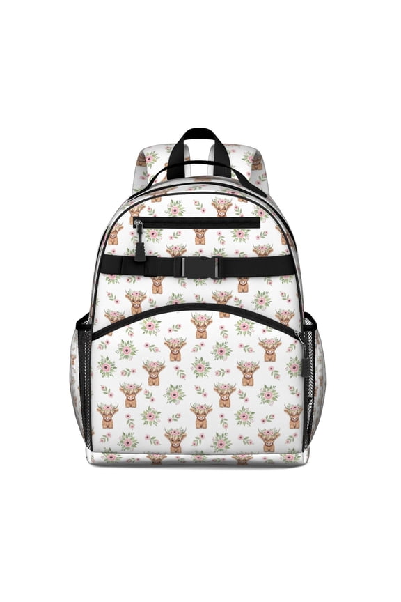 White Highland Cow Flower Pattern Backpack for School,Cute School Bag,Schoolbag with Adjustable Shoulder Straps & Padded Back,15.25"x11.5"x5.25"