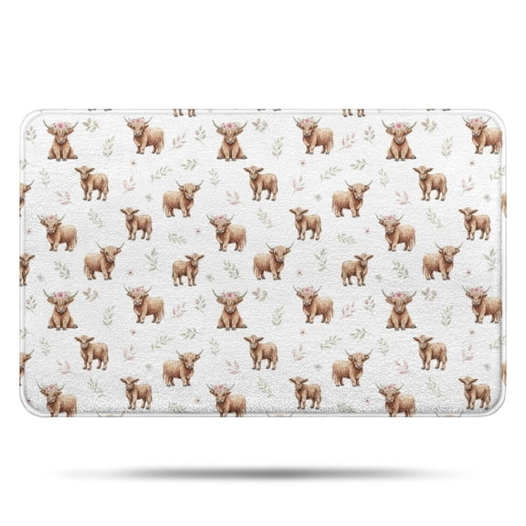 White Highland Cow Flower Pattern Bathroom Rugs Mat,Non Slip Microfiber Bathroom Rug,Rubber Backing,Soft Bathroom Mats for Bathroom Floor,Tub and Shower,17x27in(43x68cm)