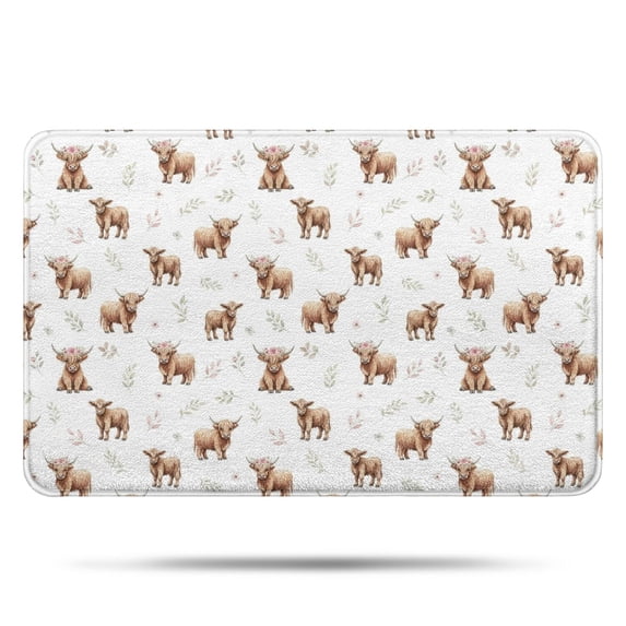 White Highland Cow Flower Pattern Bathroom Rugs Mat,Non Slip Microfiber Bathroom Rug,Rubber Backing,Soft Bathroom Mats for Bathroom Floor,Tub and Shower,17x27in(43x68cm)