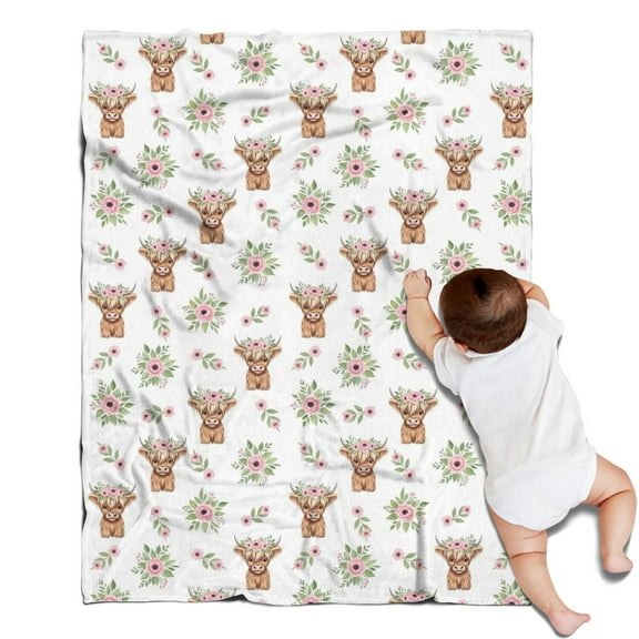 White Highland Cow Flower Pattern Blanket,Comfortable Soft Flannel Throw Blanket,All Season,Warm Lightweight Blankets for Sofa Bed Couch Living Room Chair,30"x40"