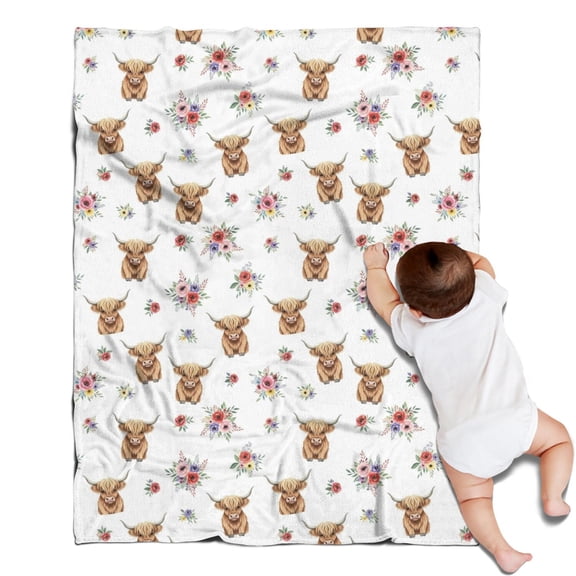 White Highland Cow Flower Pattern Blanket,Comfortable Soft Lamb Wool Throw Blanket,All Season,Warm Lightweight Blankets for Sofa Bed Couch Living Room Chair,30"x40"