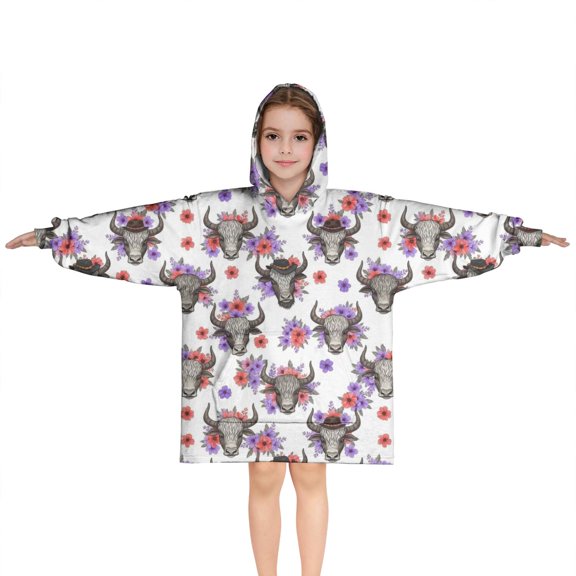 White Highland Cow Flower Pattern Blanket Hoodies for Kids 6-13YR Oversize Wearable Blanket Hoodies for Boys Girls Teens