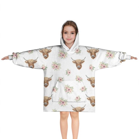 White Highland Cow Flower Pattern Blanket Hoodies for Kids 6-13YR Oversize Wearable Blanket Hoodies for Boys Girls Teens