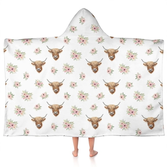 White Highland Cow Flower Pattern Hooded Bath Towel，50"x30" for Ages 3 To 12 Kids, Quick Dry Lightweight Soft Microfiber Hood Beach Towel Cover Up for Kids