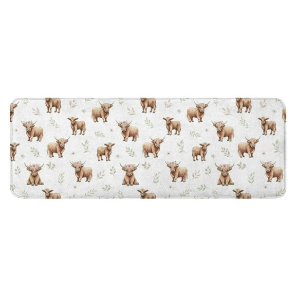 White Highland Cow Flower Pattern Kitchen Rug Mat,Kitchen Runner Rugs Non Skid Washable,Decorative Kitchen Floor Mats for Kitchen,Sink,Laundry,17"x47.2"
