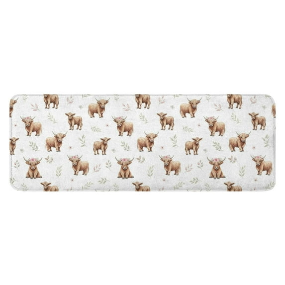 White Highland Cow Flower Pattern Kitchen Rug Mat,Kitchen Runner Rugs Non Skid Washable,Decorative Kitchen Floor Mats for Kitchen,Sink,Laundry,17"x47.2"
