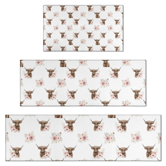 White Highland Cow Flower Pattern Kitchen Rugs Sets Of 3,Kitchen Runner Rugs Non Skid Washable,Decorative Kitchen Floor Mats for Kitchen,Sink,Laundry,17"x30"+ 17"x47" + 17"x59"