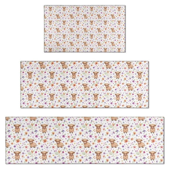 White Highland Cow Flower Pattern Kitchen Rugs Sets Of 3,Kitchen Runner Rugs Non Skid Washable,Decorative Kitchen Floor Mats for Kitchen,Sink,Laundry,17"x30"+ 17"x47" + 17"x59"