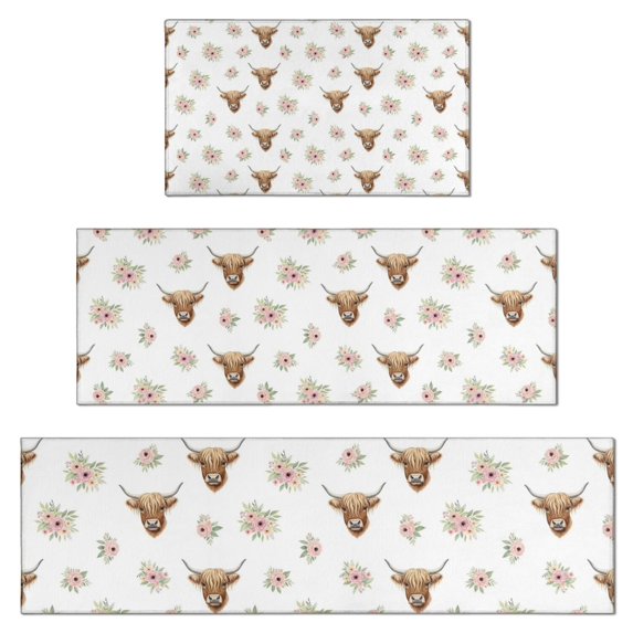 White Highland Cow Flower Pattern Kitchen Rugs Sets Of 3,Kitchen Runner Rugs Non Skid Washable,Decorative Kitchen Floor Mats for Kitchen,Sink,Laundry,17"x30"+ 17"x47" + 17"x59"