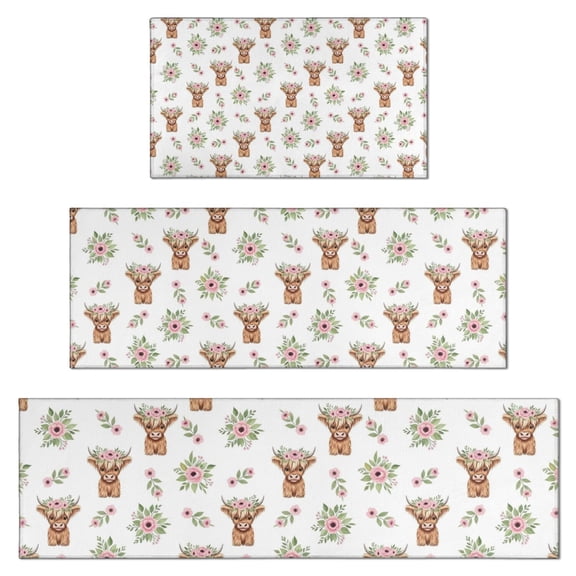 White Highland Cow Flower Pattern Kitchen Rugs Sets Of 3,Kitchen Runner Rugs Non Skid Washable,Decorative Kitchen Floor Mats for Kitchen,Sink,Laundry,17"x30"+ 17"x47" + 17"x59"