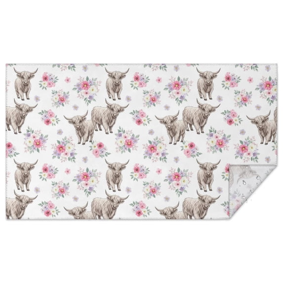 White Highland Cow Flower Pattern Rectangle Tablecloth 60"x102",Waterproof Polyester Rectangle Table Cloth, Wipeable Spillproof Polyester Tablecloth for Dining, Camping, Indoor and Outdoor