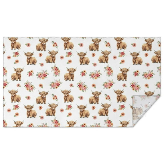 White Highland Cow Flower Pattern Rectangle Tablecloth 60"x102",Waterproof Polyester Rectangle Table Cloth, Wipeable Spillproof Polyester Tablecloth for Dining, Camping, Indoor and Outdoor