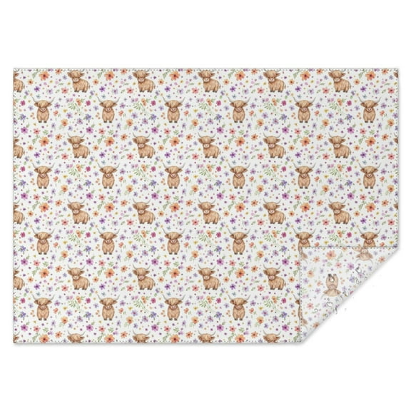 White Highland Cow Flower Pattern Rectangle Tablecloth 60"x84",Waterproof Polyester Rectangle Table Cloth, Wipeable Spillproof Polyester Tablecloth for Dining, Camping, Indoor and Outdoor