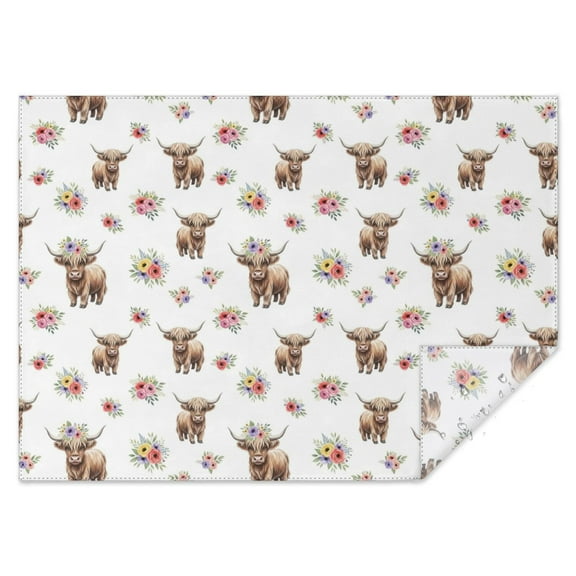 White Highland Cow Flower Pattern Rectangle Tablecloth 60"x84",Waterproof Polyester Rectangle Table Cloth, Wipeable Spillproof Polyester Tablecloth for Dining, Camping, Indoor and Outdoor