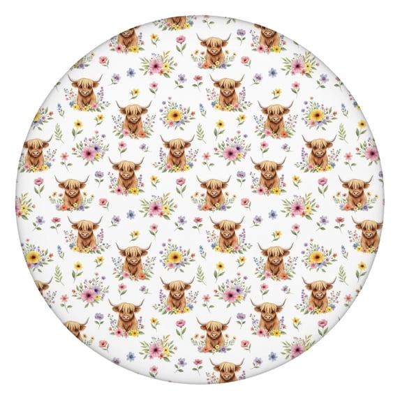 White Highland Cow Flower Pattern Round Fitted Tablecloth with Elastic Edge,Dining Table Cover Waterproof,Outdoor Round Tablecloth for Camping,Dining,Indoor and Outdoor