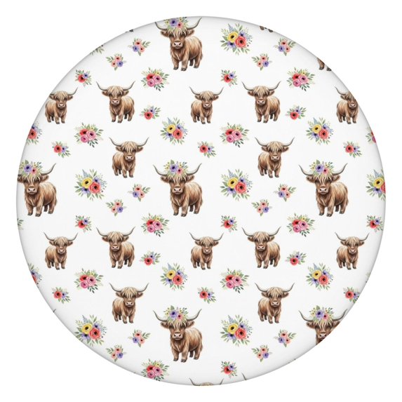 White Highland Cow Flower Pattern Round Fitted Tablecloth with Elastic Edge,Dining Table Cover Waterproof,Outdoor Round Tablecloth for Camping,Dining,Indoor and Outdoor