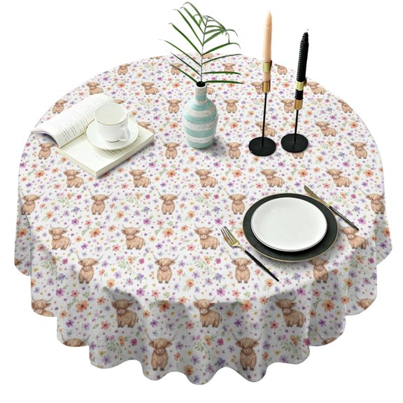 White Highland Cow Flower Pattern Round Tablecloth 60"x60",Wrinkle Wipeable Table Cloth for Kitchen Dining Room Picnic Patio Party