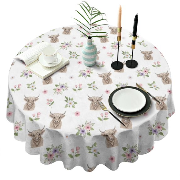 White Highland Cow Flower Pattern Round Tablecloth 60"x60",Wrinkle Wipeable Table Cloth for Kitchen Dining Room Picnic Patio Party