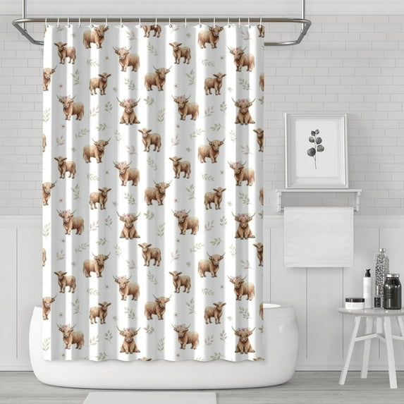White Highland Cow Flower Pattern Shower Curtain 72"x72" ,Bathroom Decorative Shower Curtains Set with 12 Hooks,Modern Waterproof Washable Shower Curtain