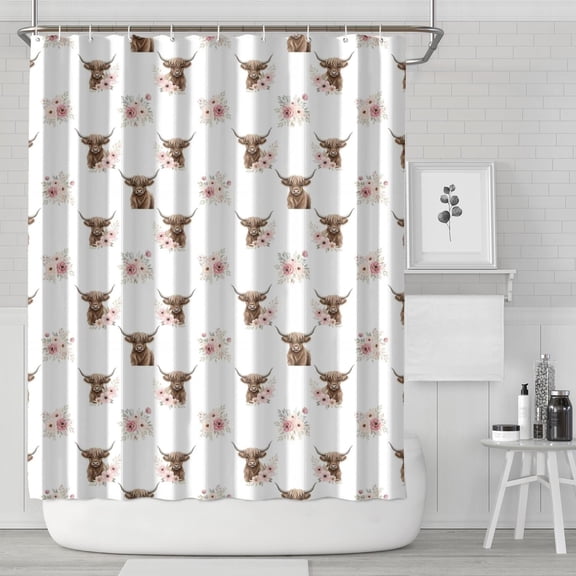 White Highland Cow Flower Pattern Shower Curtain 72"x84" ,Bathroom Decorative Shower Curtains Set with 12 Hooks,Modern Waterproof Washable Shower Curtain