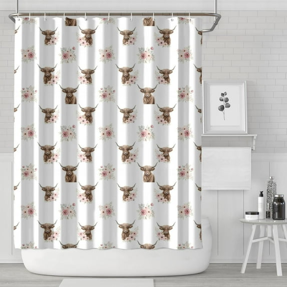 White Highland Cow Flower Pattern Shower Curtain 72"x84" ,Bathroom Decorative Shower Curtains Set with 12 Hooks,Modern Waterproof Washable Shower Curtain