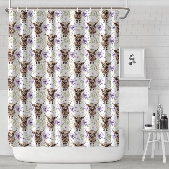 White Highland Cow Flower Pattern Shower Curtain 84"x72" ,Bathroom Decorative Shower Curtains Set with 12 Hooks,Modern Waterproof Washable Shower Curtain