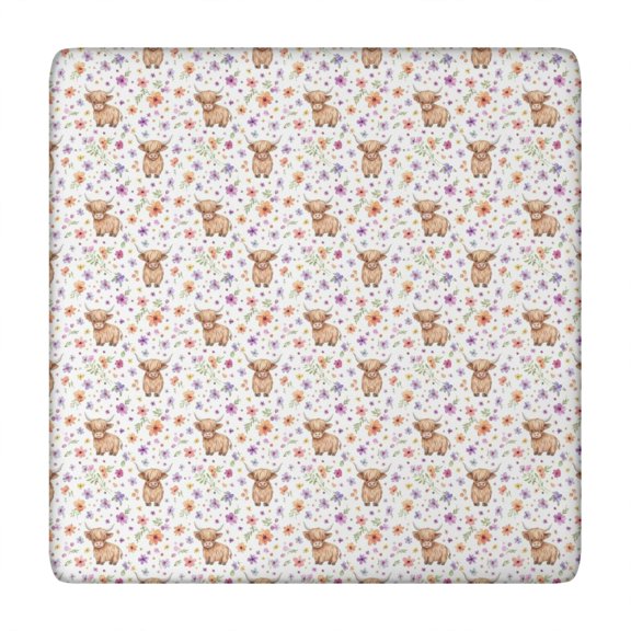 White Highland Cow Flower Pattern Square Fitted Tablecloth with Elastic Edge,Square Table Cover,Washable Elastic Table Cover for Home Kitchen Party Decor 34"x34"