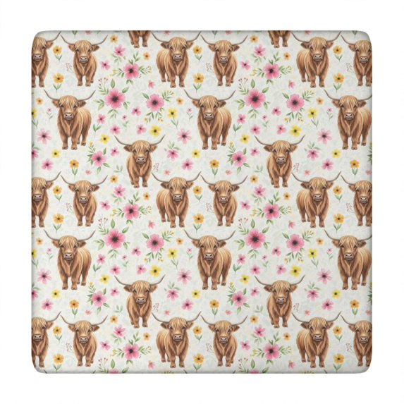 White Highland Cow Flower Pattern Square Fitted Tablecloth with Elastic Edge,Square Table Cover,Washable Elastic Table Cover for Home Kitchen Party Decor 34"x34"