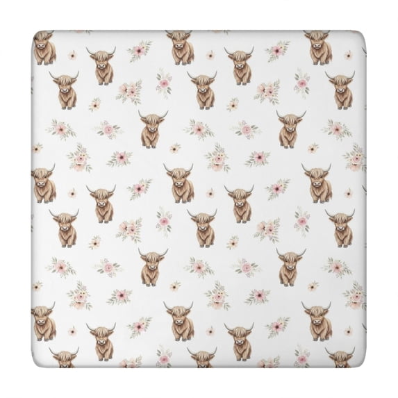 White Highland Cow Flower Pattern Square Fitted Tablecloth with Elastic Edge,Square Table Cover,Washable Elastic Table Cover for Home Kitchen Party Decor 34"x34"