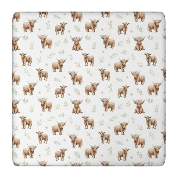 White Highland Cow Flower Pattern Square Fitted Tablecloth with Elastic Edge,Square Table Cover,Washable Elastic Table Cover for Home Kitchen Party Decor 36"x36"