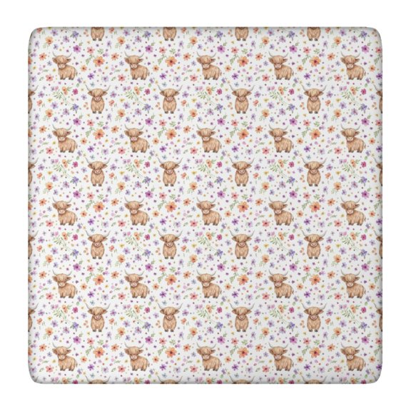 White Highland Cow Flower Pattern Square Fitted Tablecloth with Elastic Edge,Square Table Cover,Washable Elastic Table Cover for Home Kitchen Party Decor 36"x36"