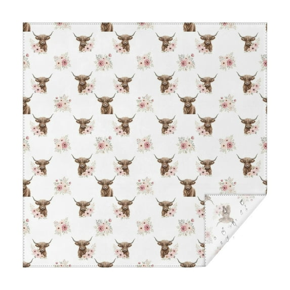 White Highland Cow Flower Pattern Square Tablecloth,Waterproof Square Table Cover,Wipeable Spillproof Washable Table Cover for Home Kitchen Party Decor 42"X42"(107x107cm)
