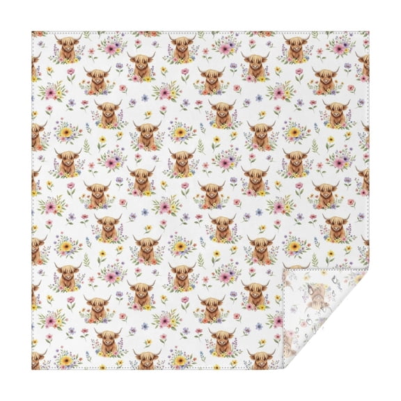 White Highland Cow Flower Pattern Square Tablecloth,Waterproof Square Table Cover,Wipeable Spillproof Washable Table Cover for Home Kitchen Party Decor 42"X42"(107x107cm)