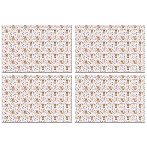White Highland Cow Flower Pattern Summer Placemats Table Placemats Set Of 4-Linen Kitchen Washable Placemats Table Mats 11.8"x17.7" Non-Slip Heat Resistant