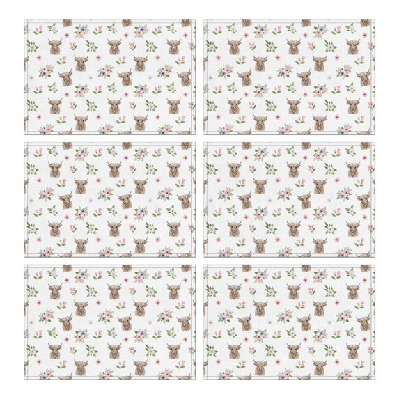 White Highland Cow Flower Pattern Summer Placemats Table Placemats Set Of 6-Linen Kitchen Washable Placemats Table Mats 11.8"x17.7" Non-Slip Heat Resistant