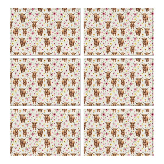 White Highland Cow Flower Pattern Summer Placemats Table Placemats Set Of 6-Linen Kitchen Washable Placemats Table Mats 11.8"x17.7" Non-Slip Heat Resistant