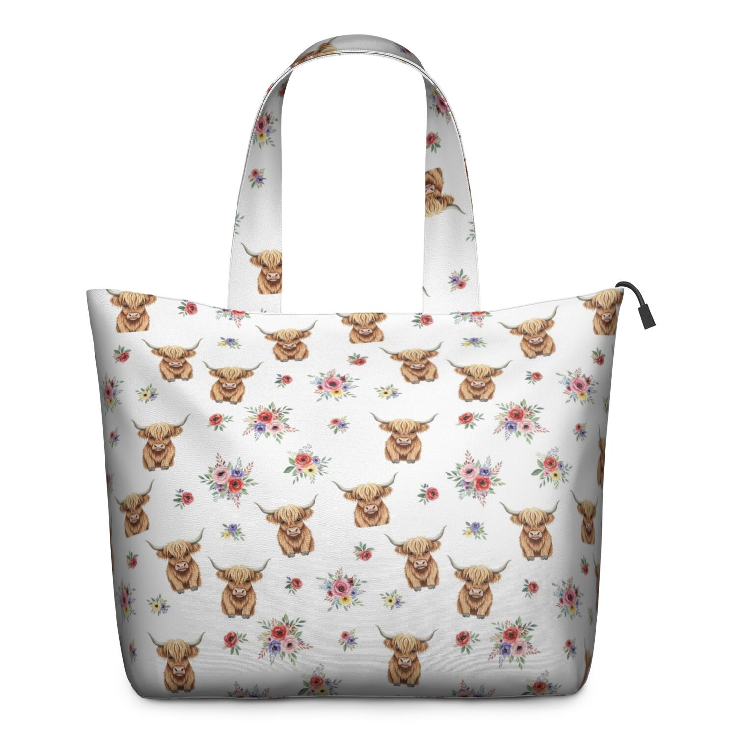 White Highland Cow Flower Pattern Travel Tote Bags for Women Carry On,Large Weekender Bags for Women Travel,Multi Functional Duffle Bag for Work,Shopping,Sports