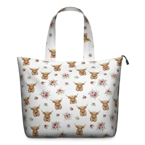 White Highland Cow Flower Pattern Travel Tote Bags for Women Carry On,Large Weekender Bags for Women Travel,Multi Functional Duffle Bag for Work,Shopping,Sports