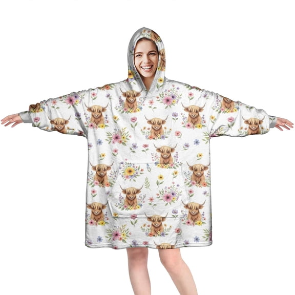 White Highland Cow Flower Pattern Wearable Oversized Blanket,Wearable Blanket Hoodie for Adults,Cozy Hooded Blankets with Super Pockets,Super Warm Fuzzy Pullover for Women & Men