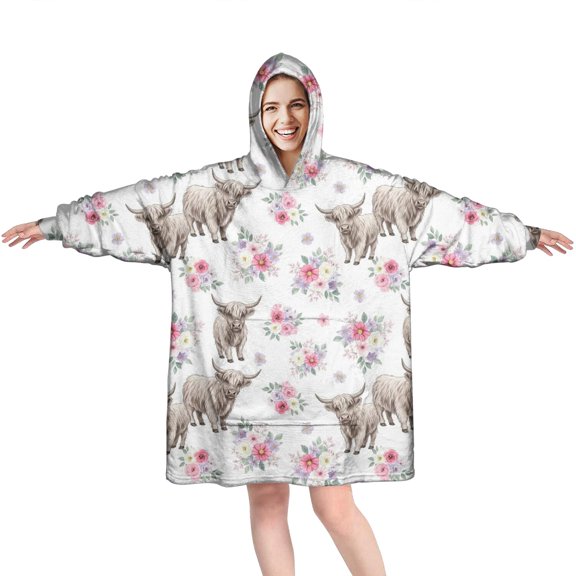 White Highland Cow Flower Pattern Wearable Oversized Blanket,Wearable Blanket Hoodie for Adults,Cozy Hooded Blankets with Super Pockets,Super Warm Fuzzy Pullover for Women & Men