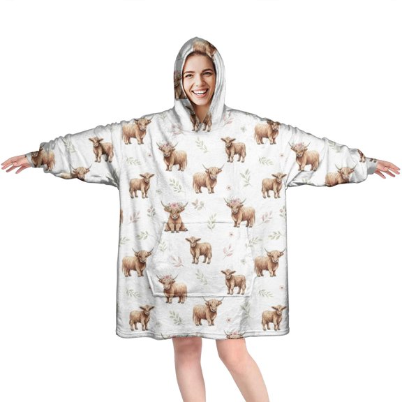 White Highland Cow Flower Pattern Wearable Oversized Blanket,Wearable Blanket Hoodie for Adults,Cozy Hooded Blankets with Super Pockets,Super Warm Fuzzy Pullover for Women & Men
