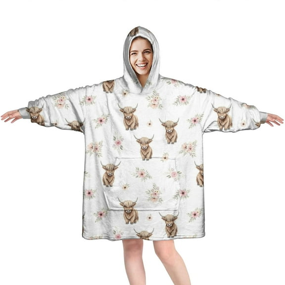 White Highland Cow Flower Pattern Wearable Oversized Blanket,Wearable Blanket Hoodie for Adults,Cozy Hooded Blankets with Super Pockets,Super Warm Fuzzy Pullover for Women & Men
